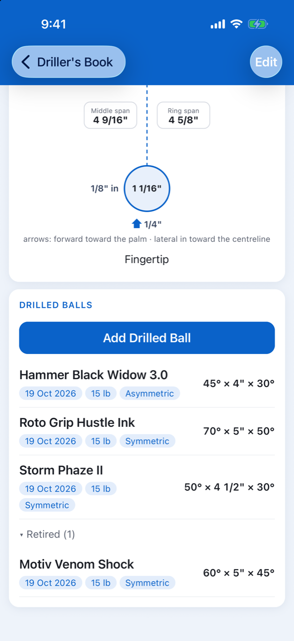 The list of balls drilled for a Bowler