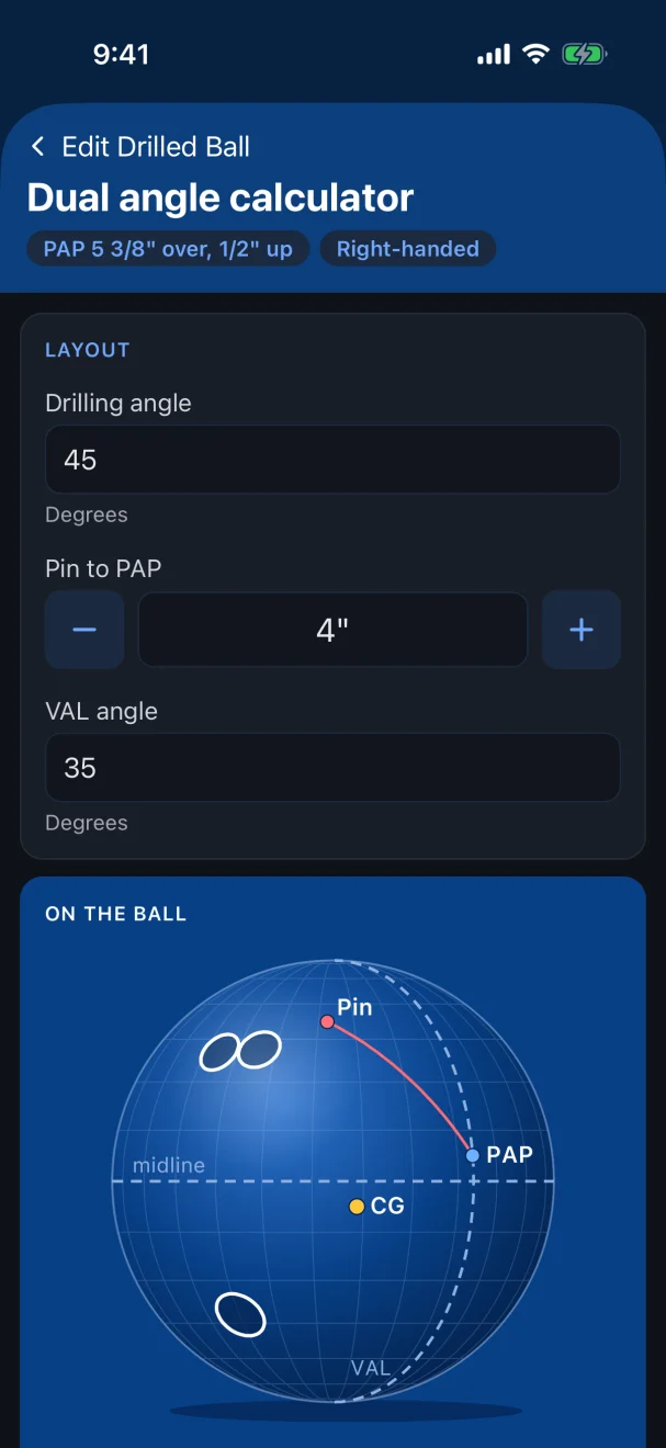 The dual angle calculator with a 45° × 4" × 35° Layout, and the pin, PAP and CG drawn on the ball