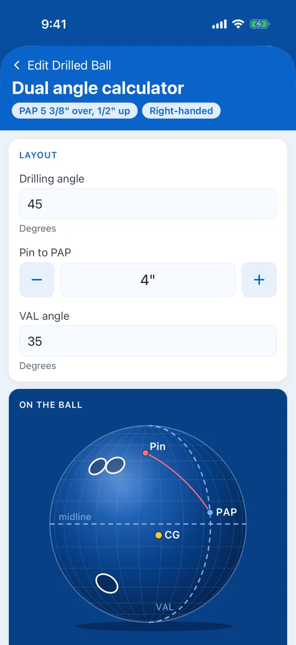 The dual angle calculator with a 45° × 4" × 35° Layout, and the pin, PAP and CG drawn on the ball